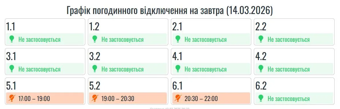 Прикарпаттяобленерго оприлюднило графік відключення на 14 березня Прикарпаттяобленерго оприлюднило графік відключення на 14 березня