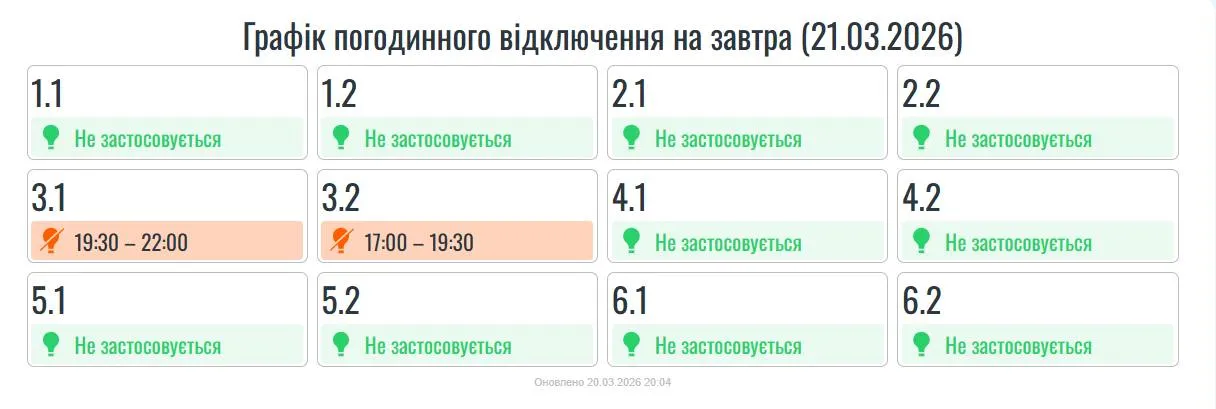 Графік відключення світла на сьогодні, 21 березня, для Коломиї та Прикарпаття 