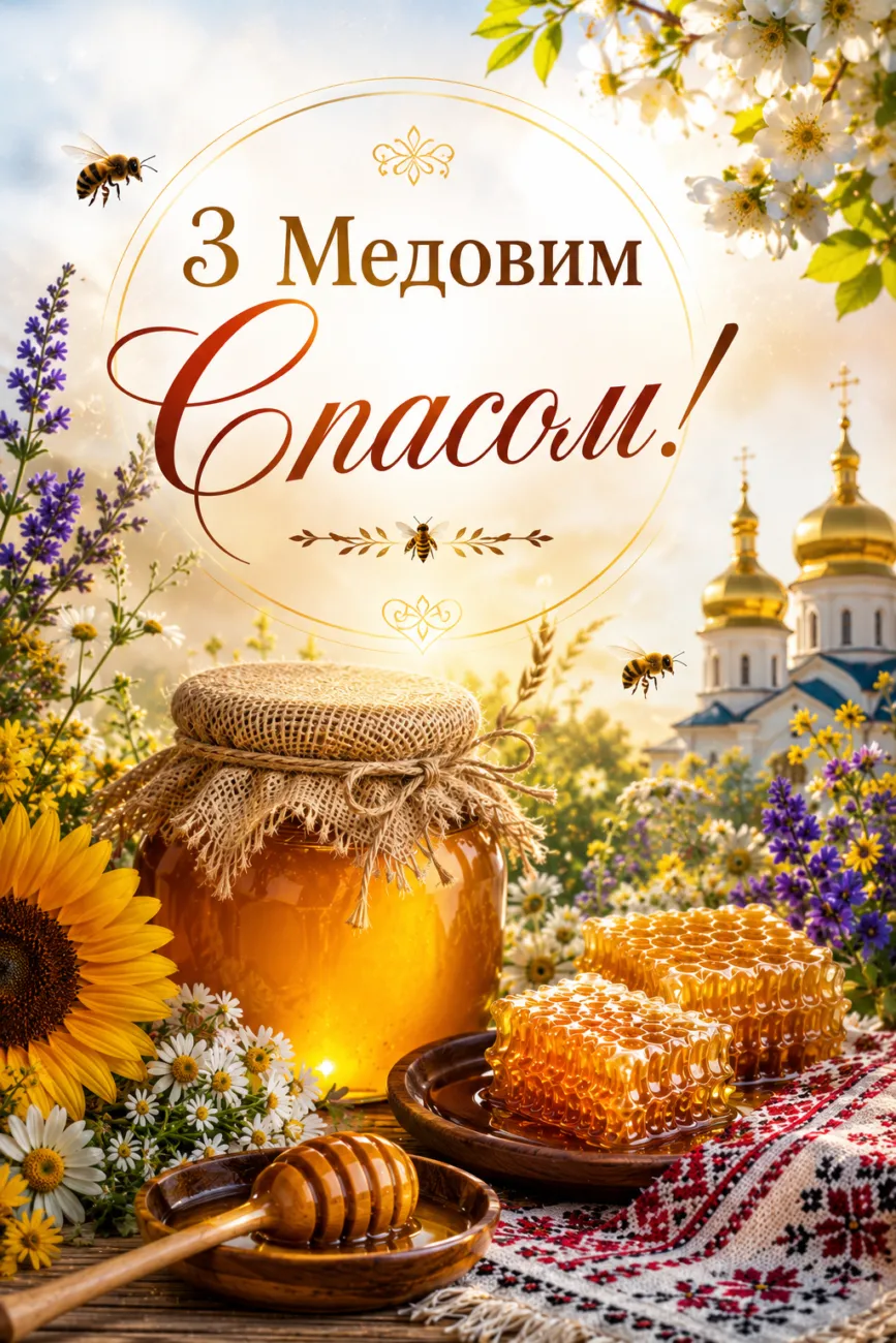 Медовий Спас 2026 — банка меду, мак і польові трави на дерев'яному столі