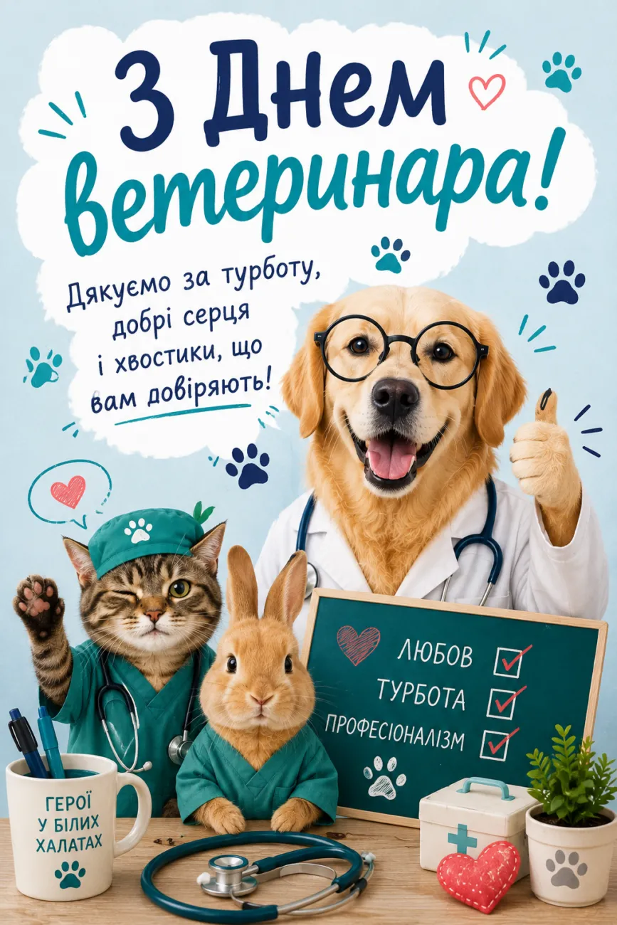 9 серпня 2026 відзначають День ветеринара: щирі привітання, картинки та листівки